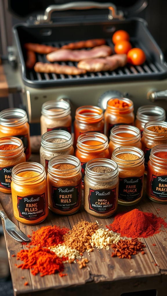 Colorful jars of barbecue rubs on a wooden table, with spices scattered around and a grill in the background.